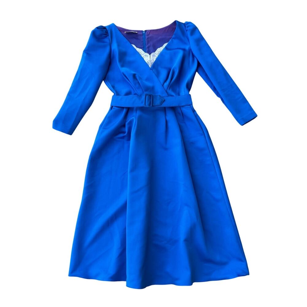 Vintage 1980's David Morris Blue Long Sleeve Fit and Flare Belted Midi Dress